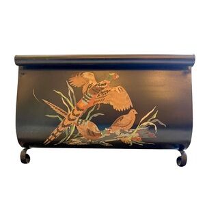 Vintage Black Metal Toleware Painted Pheasant Magazine Rack Metal Scroll Handle